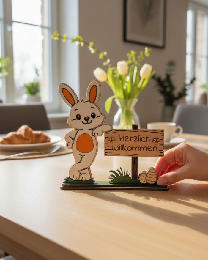 Holz-Aufsteller „Herzlich Willkommen“ – Osterdeko aus Birken-Sperrholz Die KB's