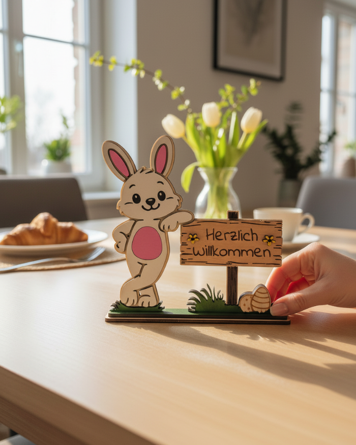 Holz-Aufsteller „Herzlich Willkommen“ – Osterdeko aus Birken-Sperrholz Die KB's